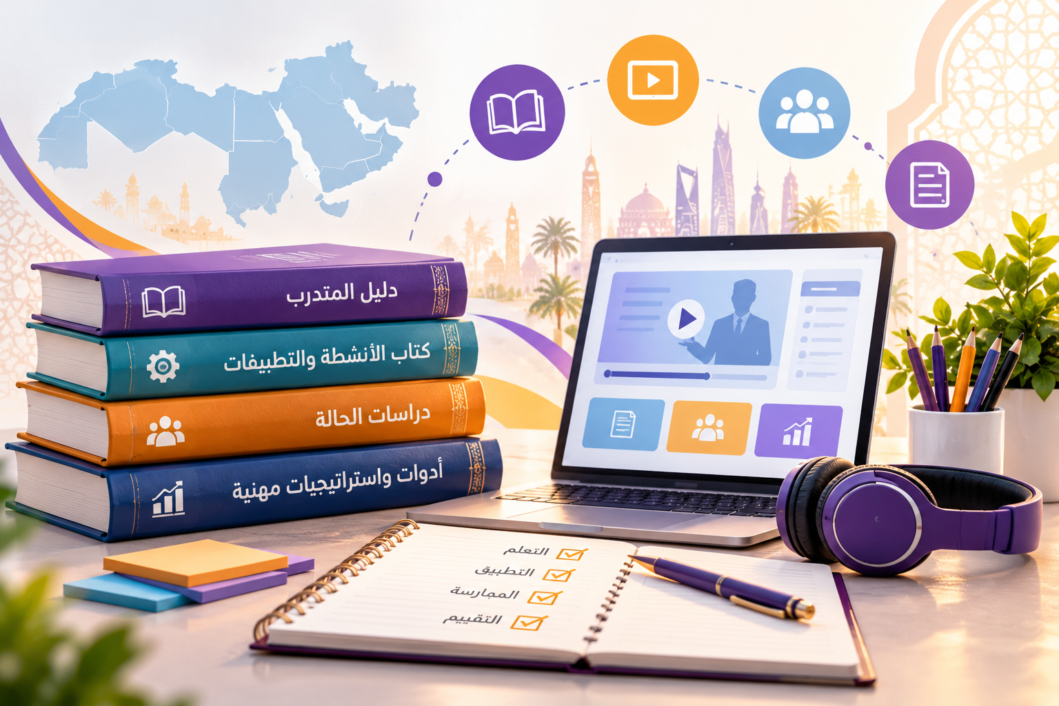 صورة تعليمية عربية تتضمن أدوات التدريب والتعلم الرقمي